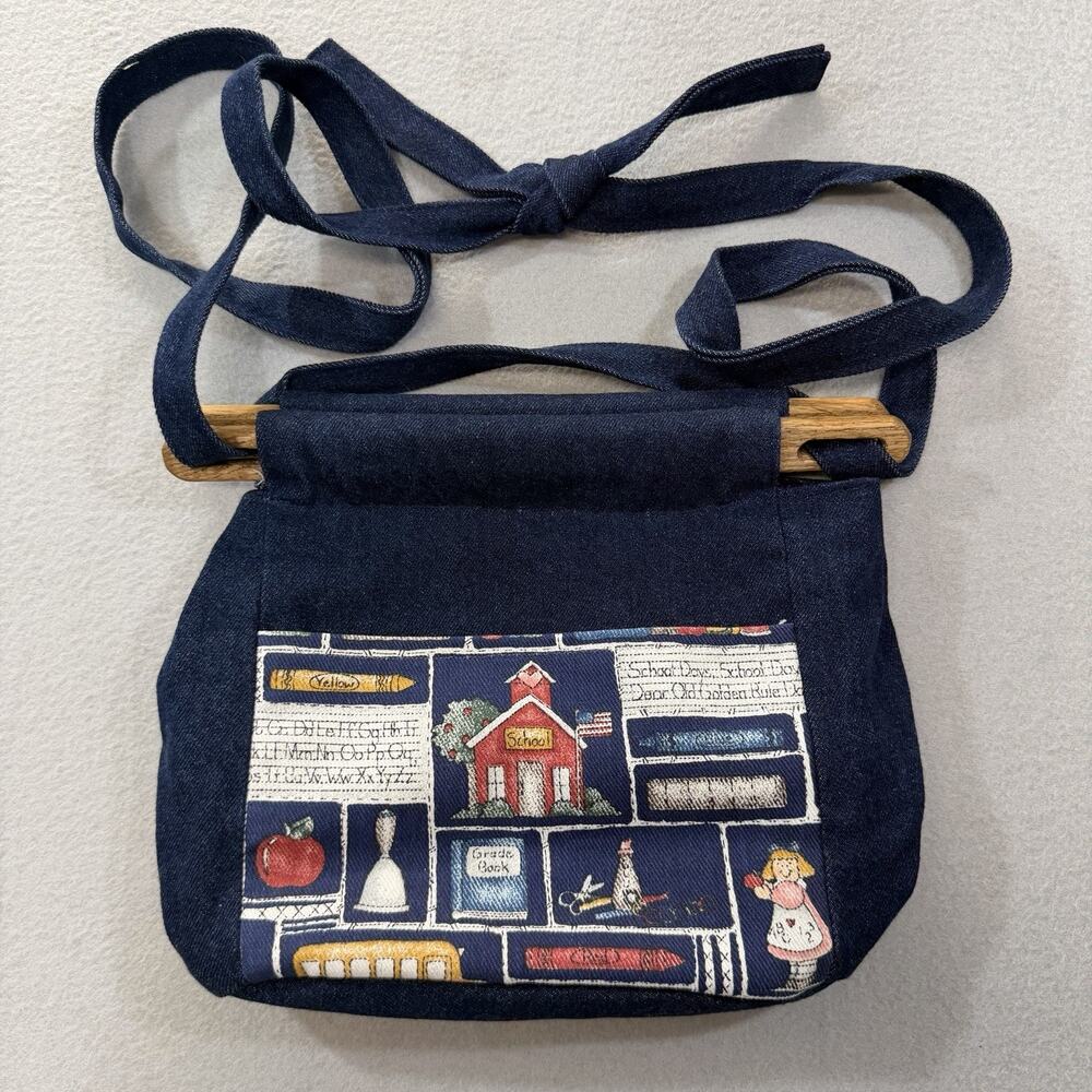 Bag Lady Originals Denim Schoolhouse Wood Handle Crossbody Shoulder Bag Purse